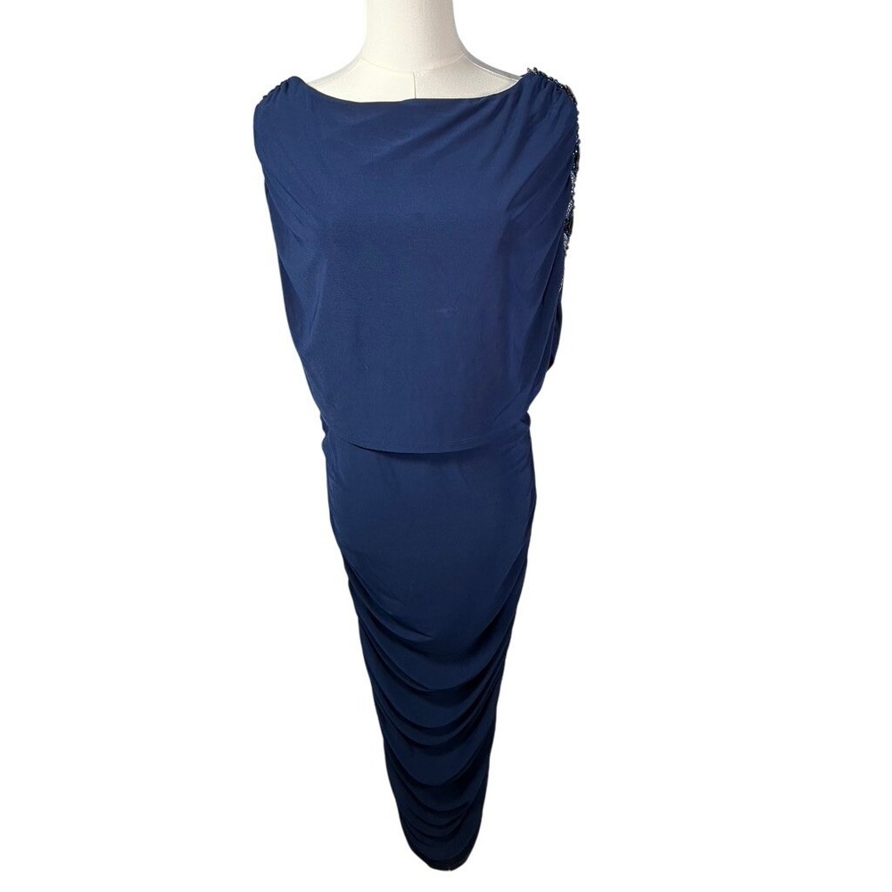 Midnight Velvet Womens Navy Blue Embellished Ruched Evening Gown Dress Size 6